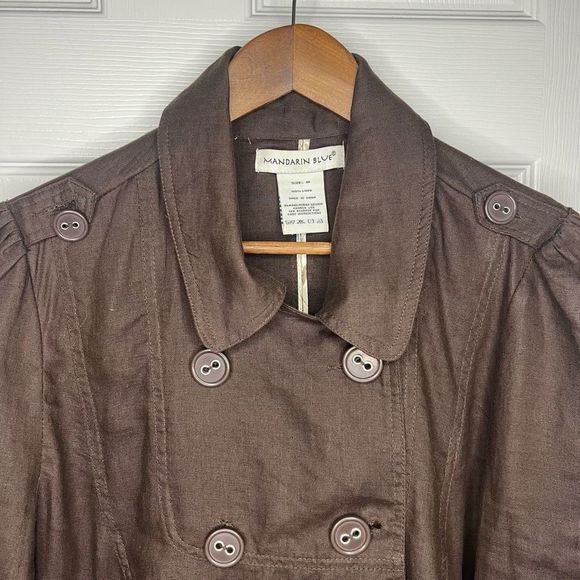Mandarin Blue Linen Double-Breasted Tab Shoulder Collared‎ Neckline Coat Medium - Picture 5 of 12